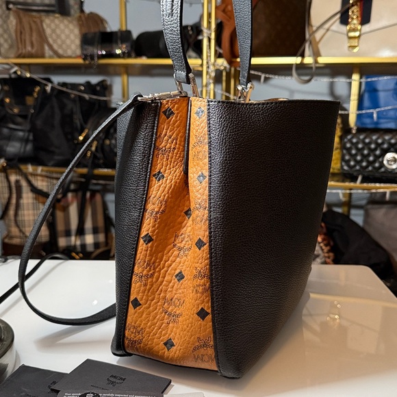 MCM Sarah Black Calfskin Leather & Cognac Visetos Hobo Shoulder Crossbody Bag - Picture 14 of 14